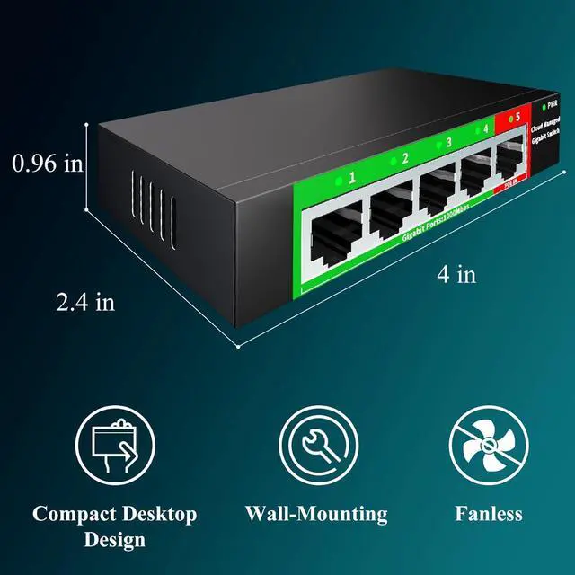 Alt view image 7 of 7 - STEAMEMO 5-Port Gigabit Ethernet Switch | Smart Managed with VLAN/QoS | Plug & Play Desktop/Wall-Mount Network Hub w/ PoE in Design | Sturdy Metal & Energy-Efficient(Includes Power Adapter)