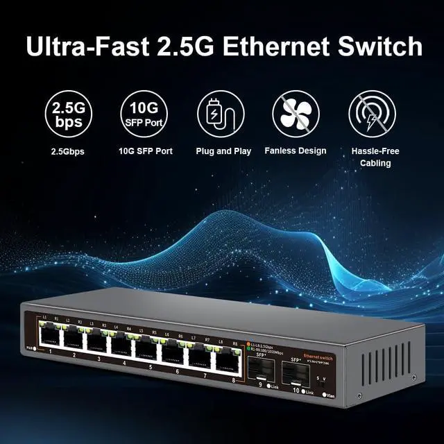 Alt view image 3 of 7 - 2.5G Unmanaged Ethernet Switch with 8 x 2.5G Base-T Ports and 2 x 10G SFP Uplink Port, Compatible with 100/1000/2500Mbps, Fanlesss Design, Plug & Play, Metal 2.5Gb Network Switch