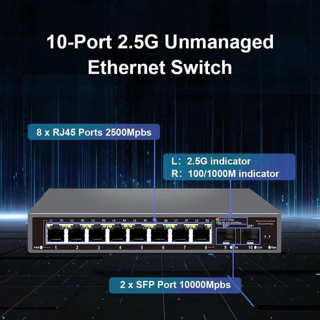 Alt view image 2 of 7 - 2.5G Unmanaged Ethernet Switch with 8 x 2.5G Base-T Ports and 2 x 10G SFP Uplink Port, Compatible with 100/1000/2500Mbps, Fanlesss Design, Plug & Play, Metal 2.5Gb Network Switch