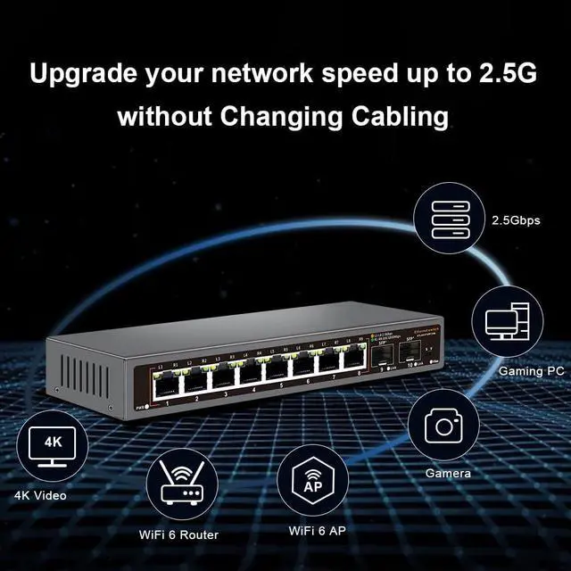 Alt view image 4 of 7 - 2.5G Unmanaged Ethernet Switch with 8 x 2.5G Base-T Ports and 2 x 10G SFP Uplink Port, Compatible with 100/1000/2500Mbps, Fanlesss Design, Plug & Play, Metal 2.5Gb Network Switch