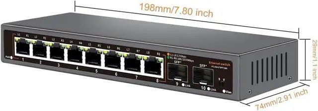 Alt view image 7 of 7 - 2.5G Unmanaged Ethernet Switch with 8 x 2.5G Base-T Ports and 2 x 10G SFP Uplink Port, Compatible with 100/1000/2500Mbps, Fanlesss Design, Plug & Play, Metal 2.5Gb Network Switch