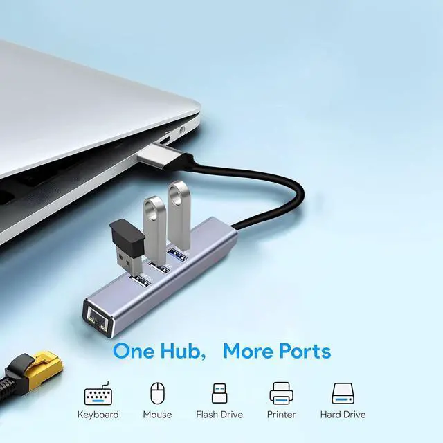Alt view image 2 of 6 - USB to Ethernet Adapter, 3-Port USB 3.0 Hub with RJ45 10/100 Ethernet Adapter(2X USB2.0 and 2xUSB3.0) Aluminum Network, Compatible with iMac, PC, Chromebook Laptops,