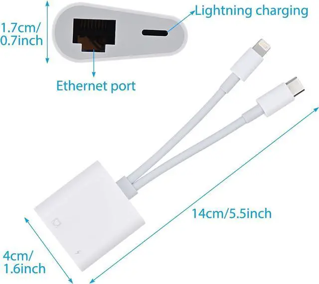 Alt view image 2 of 7 - Lightning and USB C to Ethernet Adapter,2 in 1 RJ45 Ethernet LAN Network Adapter with Charge Port Compatible with iPhone/iPad/iPod/Samsung and More,Supports 100Mbps Plug and Play