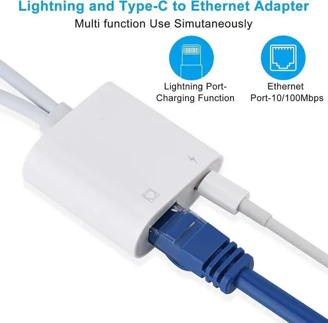 Alt view image 3 of 7 - Lightning and USB C to Ethernet Adapter,2 in 1 RJ45 Ethernet LAN Network Adapter with Charge Port Compatible with iPhone/iPad/iPod/Samsung and More,Supports 100Mbps Plug and Play