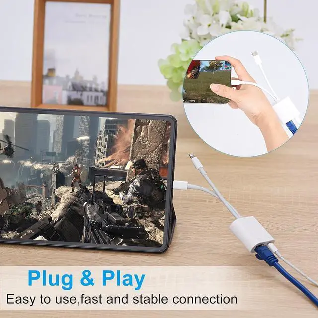 Alt view image 6 of 7 - Lightning and USB C to Ethernet Adapter,2 in 1 RJ45 Ethernet LAN Network Adapter with Charge Port Compatible with iPhone/iPad/iPod/Samsung and More,Supports 100Mbps Plug and Play