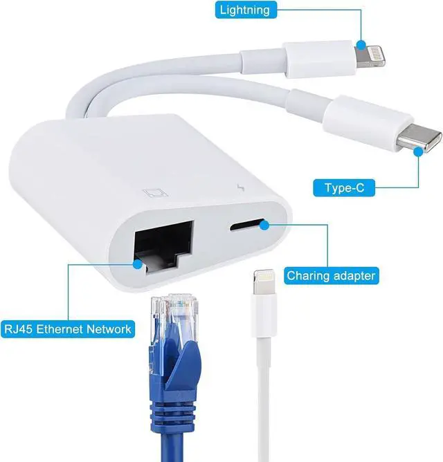 Alt view image 5 of 7 - Lightning and USB C to Ethernet Adapter,2 in 1 RJ45 Ethernet LAN Network Adapter with Charge Port Compatible with iPhone/iPad/iPod/Samsung and More,Supports 100Mbps Plug and Play
