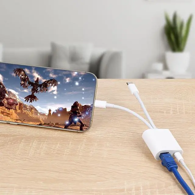 Alt view image 7 of 7 - Lightning and USB C to Ethernet Adapter,2 in 1 RJ45 Ethernet LAN Network Adapter with Charge Port Compatible with iPhone/iPad/iPod/Samsung and More,Supports 100Mbps Plug and Play