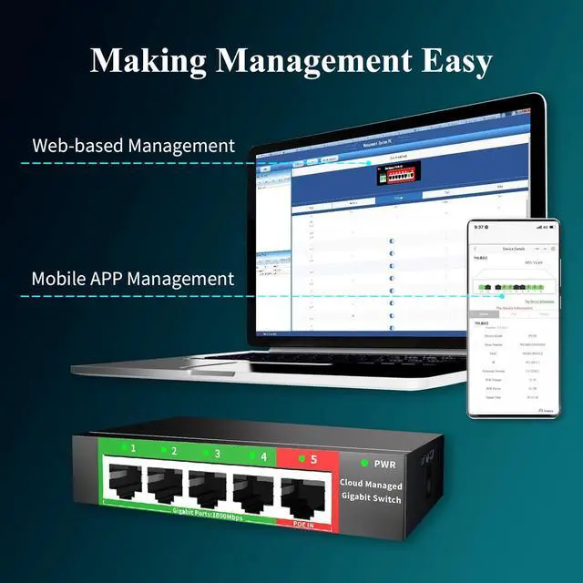 Alt view image 2 of 7 - STEAMEMO 5-Port Gigabit Ethernet Switch | Smart Managed with VLAN/QoS | Plug & Play Desktop/Wall-Mount Network Hub w/ PoE in Design | Sturdy Metal & Energy-Efficient(Includes Power Adapter)