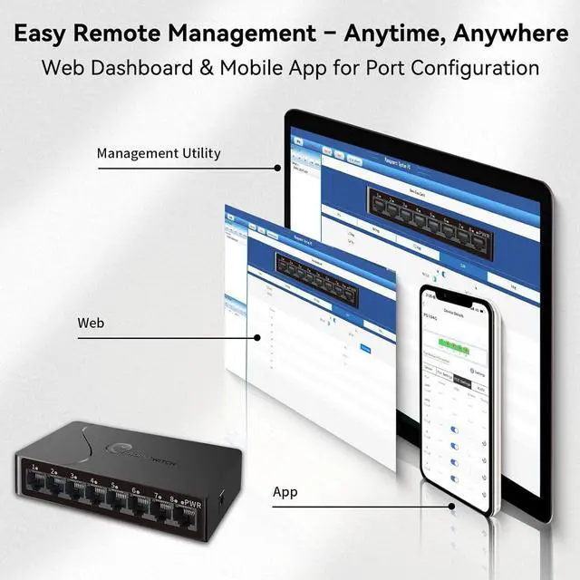 Alt view image 2 of 7 - 8-Port Gigabit Easy Smart Managed Ethernet Switch | Plug & Play Network Hub with VLAN, QoS, Port Mirroring | Fanless Design | Desktop/Wall Mount for Home/Office