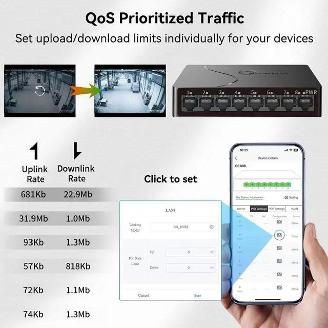 Alt view image 4 of 7 - 8-Port Gigabit Easy Smart Managed Ethernet Switch | Plug & Play Network Hub with VLAN, QoS, Port Mirroring | Fanless Design | Desktop/Wall Mount for Home/Office