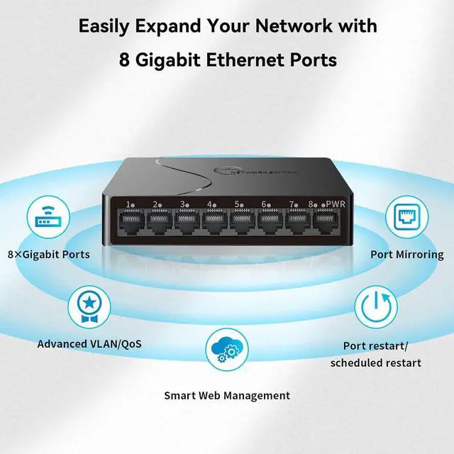 Alt view image 6 of 7 - 8-Port Gigabit Easy Smart Managed Ethernet Switch | Plug & Play Network Hub with VLAN, QoS, Port Mirroring | Fanless Design | Desktop/Wall Mount for Home/Office
