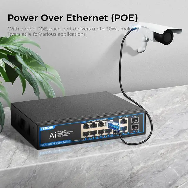 Alt view image 3 of 7 - PoE Gigabit Switch 8-Port with 2 uplink & 2 SFP: TEROW 12-Port PoE+ Ethernet&10-Port Network Switches,120W,802.3af/at Compliant, Plug & Play, Metal Fanless with Shielded for Home/soho Office