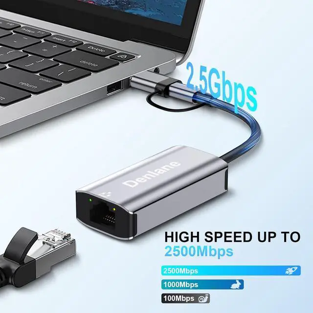 Alt view image 2 of 7 - USB C to Ethernet Adapter 2.5Gbps, USB 3.0 to Ethernet Adapter 2-in-1, ethernet to USB-A & USBC Device (Thunderbolt 4/3), 2500/1000/100Mbps RJ45 Network for Laptop, MacBook/iPad/XPS/Windows