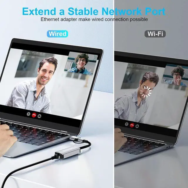 Alt view image 4 of 7 - USB C to Ethernet Adapter 2.5Gbps, USB 3.0 to Ethernet Adapter 2-in-1, ethernet to USB-A & USBC Device (Thunderbolt 4/3), 2500/1000/100Mbps RJ45 Network for Laptop, MacBook/iPad/XPS/Windows