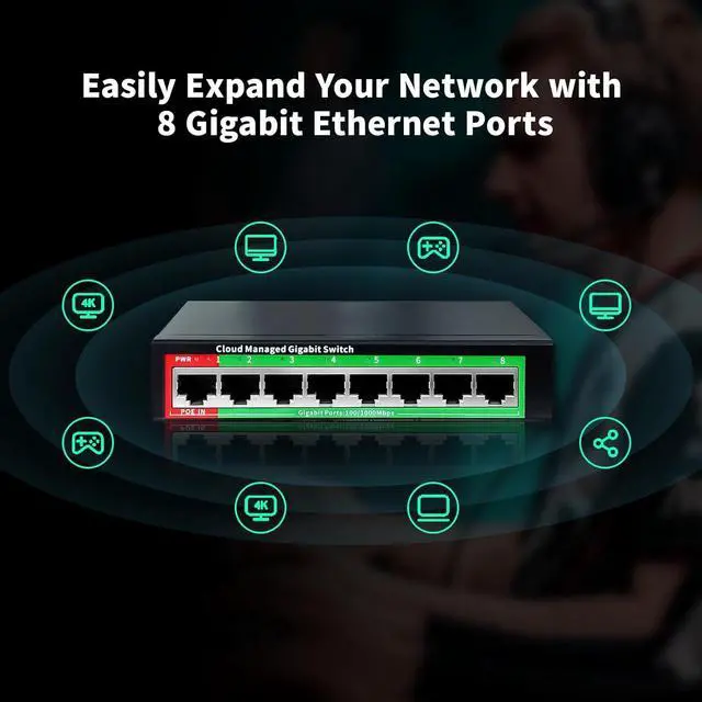 Alt view image 5 of 7 - STEAMEMO 8-Port Gigabit Ethernet Switch | Smart Managed with VLAN & QoS | Plug & Play Desktop/Wall-Mount Network Hub w/ PoE in Design | Metal Housing & Web Managed(Includes Power Adapter)