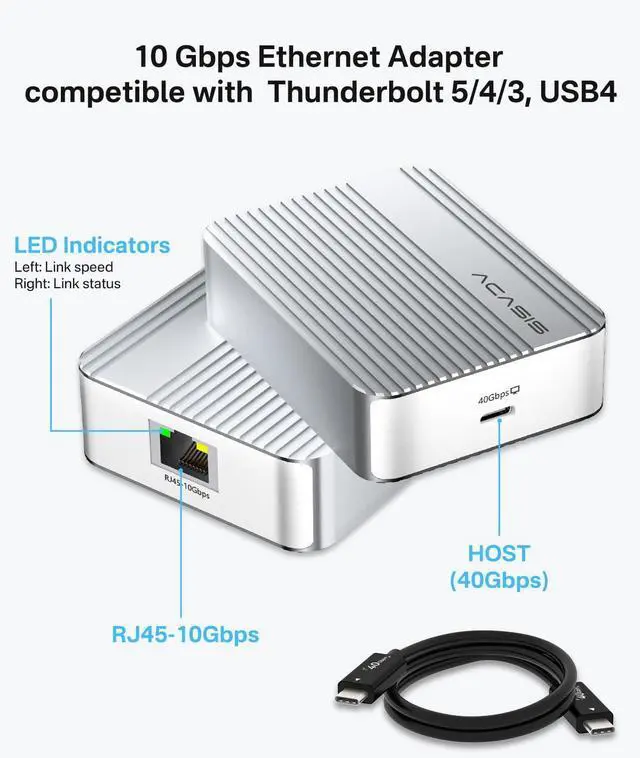 Alt view image 2 of 7 - ACASIS 10Gb Ethernet Adapter, High-Speed RJ45 Network Connections Compatible with Thunderbolt 3/4 or USB4 Ports, 10gbe USB C Ethernet Adapter Supports 10/5/2.5/1Gbps 100Mb/s Base-T for Mac/Win