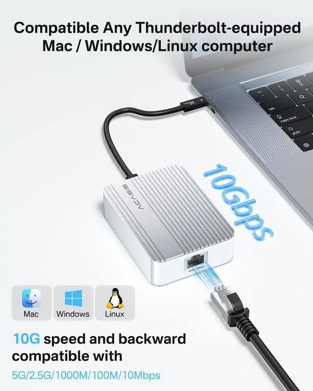 Alt view image 6 of 7 - ACASIS 10Gb Ethernet Adapter, High-Speed RJ45 Network Connections Compatible with Thunderbolt 3/4 or USB4 Ports, 10gbe USB C Ethernet Adapter Supports 10/5/2.5/1Gbps 100Mb/s Base-T for Mac/Win