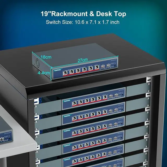 Alt view image 7 of 7 - YuanLey 8-Port 10G Ethernet Switch, 6 x 10Gbps RJ45 Ports, 2X 10Gbe SFP+ Ports, Support 10G/5G/2.5G/1G/100Mbps Speed Auto-Negotiation, 160Gbps Switching Capacity, Unmanaged Switch Rackmountable