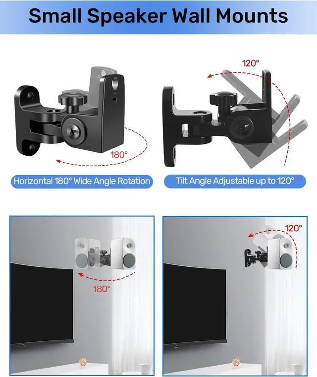 Alt view image 2 of 7 - Speaker Wall Mounts, 2 Packs Universal Mounting Bracket for Small Bookshelf Speakers, Vertical 120°, Horizontal 180°Adjustment, Compatible with Bose, JBL, KEF,Sony & Others, Hold up to 32 lbs