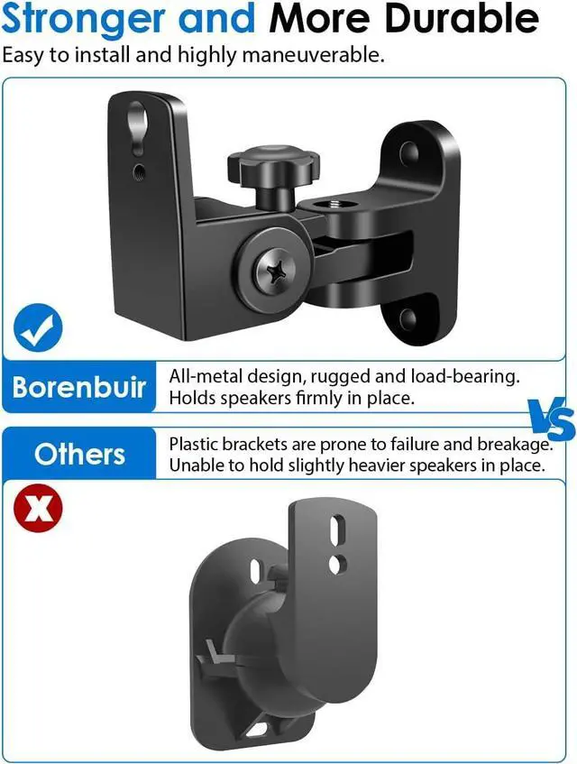 Alt view image 6 of 7 - Speaker Wall Mounts, 2 Packs Universal Mounting Bracket for Small Bookshelf Speakers, Vertical 120°, Horizontal 180°Adjustment, Compatible with Bose, JBL, KEF,Sony & Others, Hold up to 32 lbs