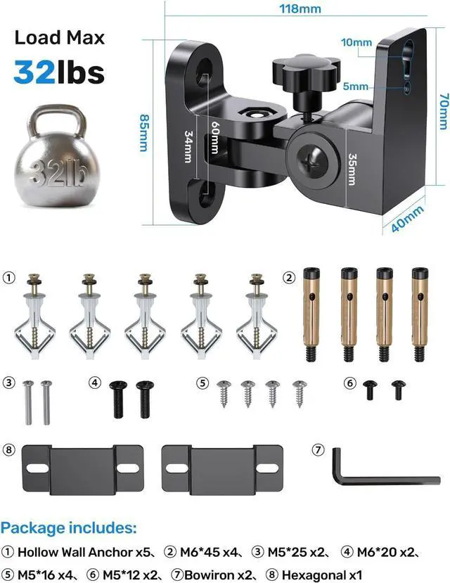Alt view image 7 of 7 - Speaker Wall Mounts, 2 Packs Universal Mounting Bracket for Small Bookshelf Speakers, Vertical 120°, Horizontal 180°Adjustment, Compatible with Bose, JBL, KEF,Sony & Others, Hold up to 32 lbs