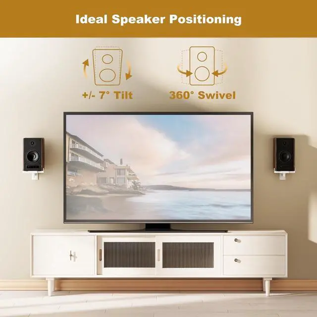 Alt view image 2 of 6 - FDM Universal Speaker Wall Mount One Pair of Side Clamping Bookshelf Speaker Mount Bracket with Swivel and Tilt for Sound Speakers (White)