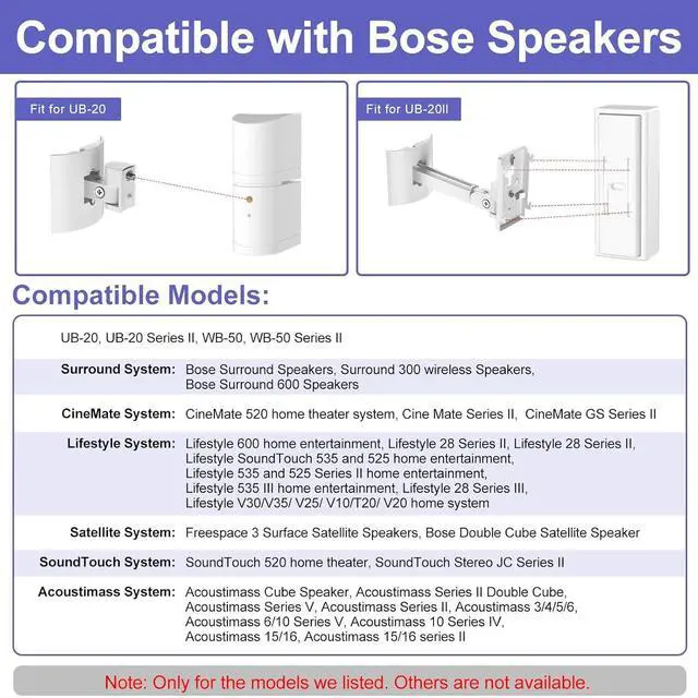 Alt view image 3 of 7 - 2 Pack Speaker Wall Mount Brackets for Bose UB-20, UB-20 Series II, Wall Mount Ceiling Bracket for Lifestyle 600 ST535 ST525 ST520 535III 525III CM520 SoundTouch JC-II AM6-V AM10-V AM10IV-White