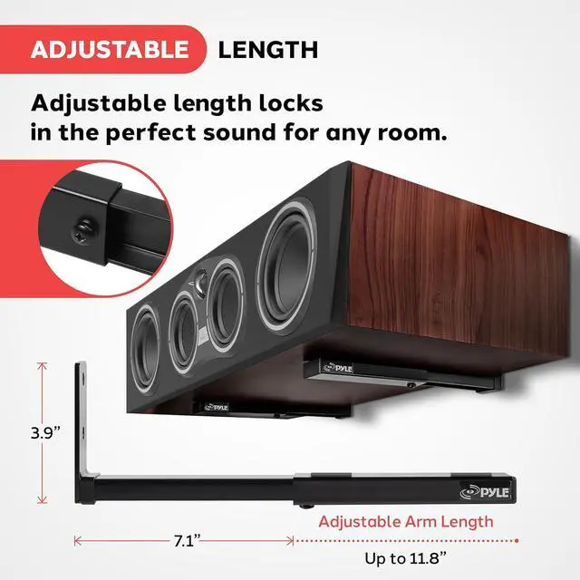 Alt view image 3 of 7 - Adjustable Speaker Wall Mount Brackets - 2 Pack (4 Brackets) Extendable Steel Arms for Center Channel, Small or Large Speakers & Soundbars - 110 lbs Capacity, 6.7-11.8" Depth (Black)