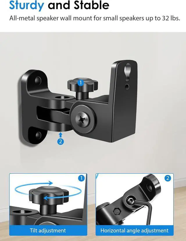 Alt view image 5 of 7 - Speaker Wall Mounts, 2 Packs Universal Mounting Bracket for Small Bookshelf Speakers, Vertical 120°, Horizontal 180°Adjustment, Compatible with Bose, JBL, KEF,Sony & Others, Hold up to 32 lbs