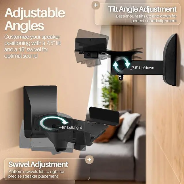 Alt view image 2 of 7 - TNP Bookshelf Speaker Wall Mount Brackets with Dual Side Clamping - Universal Surround Sound Speaker Mounting with Adjustable Swivel & Tilt Angle for Home & Studio, Support up to 55 lbs, 2 Pack, Black