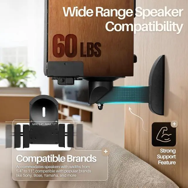Alt view image 4 of 7 - TNP Bookshelf Speaker Wall Mount Brackets with Dual Side Clamping - Universal Surround Sound Speaker Mounting with Adjustable Swivel & Tilt Angle for Home & Studio, Support up to 55 lbs, 2 Pack, Black
