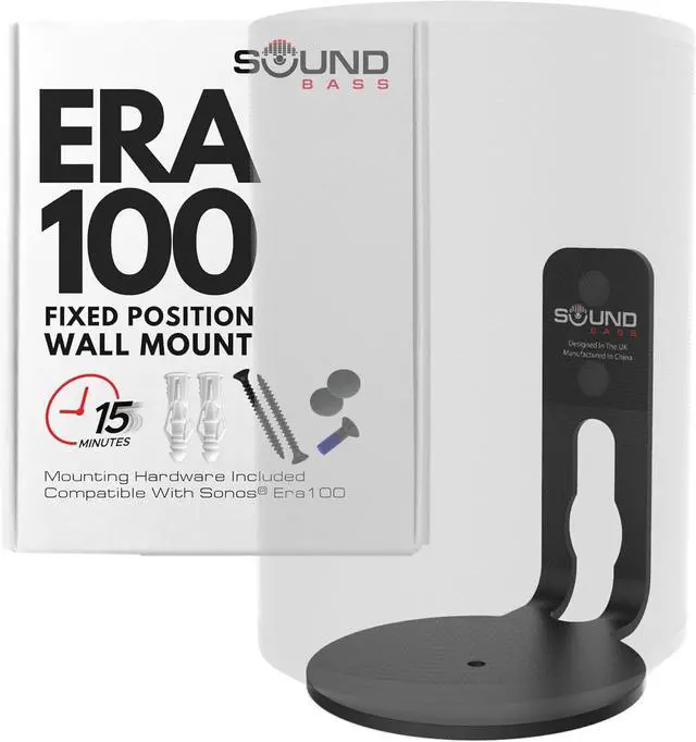 Main image of Sound Bass ERA100 Wall Mount Bracket, Low Profile, Black, Single Unit, Compatible with Sonos ERA 100 Speaker, Complete with All Fixing Hardware