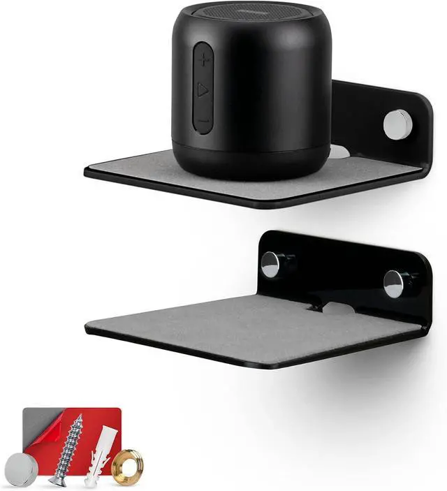 Main image of BRAINWAVZ 2-Pack 4 Small Floating Shelf Bluetooth Speaker Stand, Adhesive & Screw Wall Mount, Anti Slip, for Cameras, Baby Monitors, Webcam, Router & More, Universal Holder (SHELF11 Black)