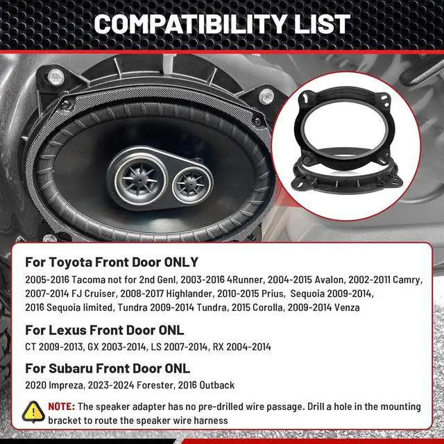 Alt view image 2 of 7 - RED WOLF 6" x 9" Front Door Speaker Adapter for Toyota 2003-2016 4Runner, 2005-2016 Tacoma, for 2023-2024 Subaru Forester Install 6 x 9 Inch Aftermarket Audio Spacer Ring Holder Bracket