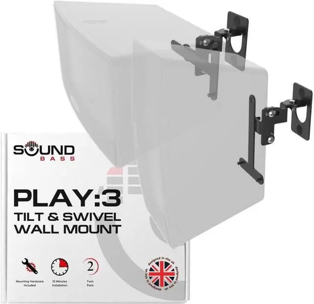 Main image of Sound Bass Play 3 Wall Mount Black Pair, Compatible with Sonos Play:3 Only, Twin Pack, Adjustable Swivel & Tilt Mechanism, 2 Mounting Brackets Includes All Fixings