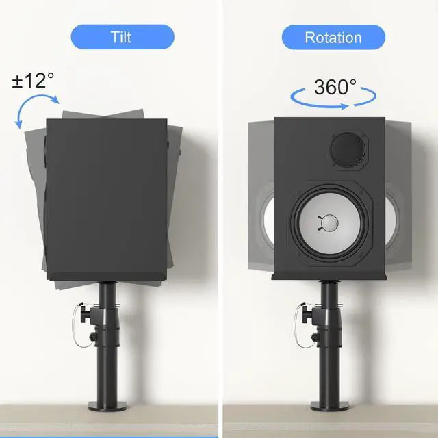 Alt view image 2 of 7 - suptek Clamp-on Speaker Stand Desk Mount Set, Height Adjustment, Tilt, Swivel, 9.6 x 8.8 inch Trays, Universal Audio Holders for Computer and Bookshelf Speakers, Elevated Sound, 2 Pack, Black, SDM001B