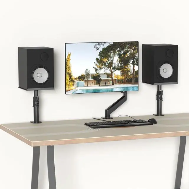 Alt view image 3 of 7 - suptek Clamp-on Speaker Stand Desk Mount Set, Height Adjustment, Tilt, Swivel, 9.6 x 8.8 inch Trays, Universal Audio Holders for Computer and Bookshelf Speakers, Elevated Sound, 2 Pack, Black, SDM001B