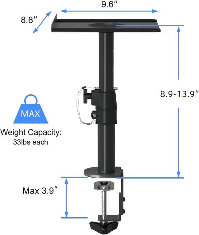 Alt view image 4 of 7 - suptek Clamp-on Speaker Stand Desk Mount Set, Height Adjustment, Tilt, Swivel, 9.6 x 8.8 inch Trays, Universal Audio Holders for Computer and Bookshelf Speakers, Elevated Sound, 2 Pack, Black, SDM001B