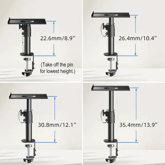 Alt view image 5 of 7 - suptek Clamp-on Speaker Stand Desk Mount Set, Height Adjustment, Tilt, Swivel, 9.6 x 8.8 inch Trays, Universal Audio Holders for Computer and Bookshelf Speakers, Elevated Sound, 2 Pack, Black, SDM001B