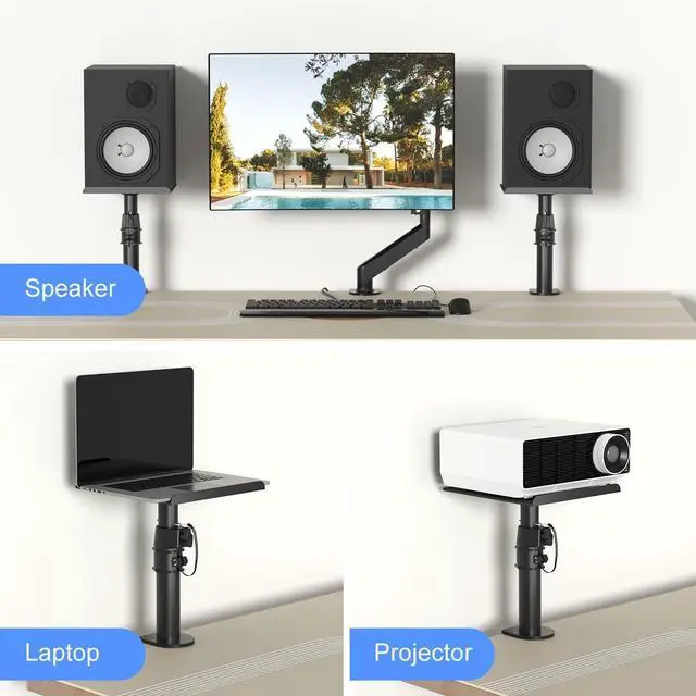 Alt view image 6 of 7 - suptek Clamp-on Speaker Stand Desk Mount Set, Height Adjustment, Tilt, Swivel, 9.6 x 8.8 inch Trays, Universal Audio Holders for Computer and Bookshelf Speakers, Elevated Sound, 2 Pack, Black, SDM001B