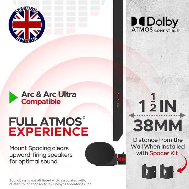 Alt view image 5 of 7 - Sound Bass Arc Wall Mount Bracket, Black, Compatible with Sonos Arc and Arc Ultra, Adjustable Depth, All Hardware Included, Designed in The UK