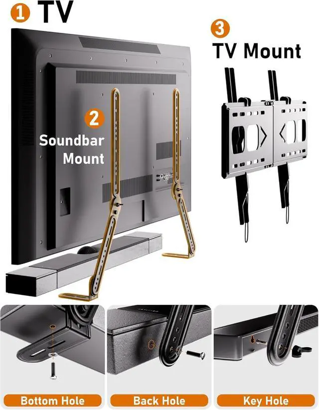 Alt view image 6 of 7 - Soundbar Mount Bracket,SoundBar Mounts Under TV or Above TV,Soundbar TV Mount with 180° Adjustable Extension Plates and L-Shaped Hooks,Sturdy Soundbar Mounting Holder Max Load 22 Lbs