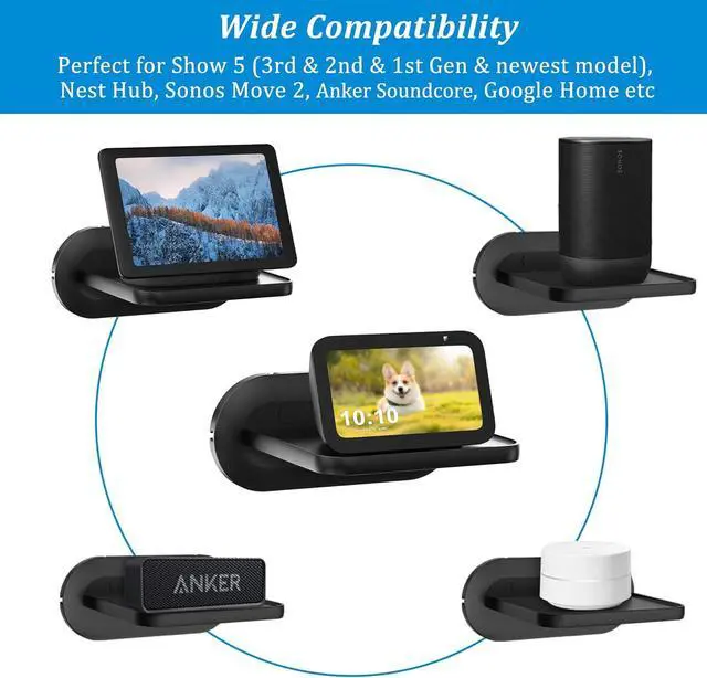 Alt view image 2 of 7 - PlusAcc Wall Mount for Echo Show 5 - Cable Management Holder Stand for Echo Show 5 (3rd & & 2nd & 1st Gen) & Other Speakers Less Than 15 lbs, Space Saving Accessories Bracket Shelf (Black)