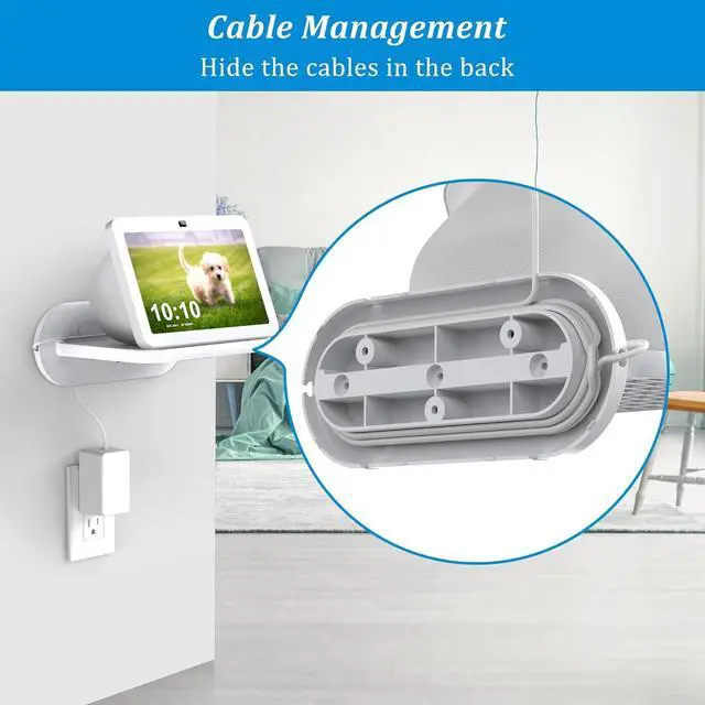 Alt view image 4 of 7 - PlusAcc Wall Mount for Echo Show 8 - Cable Management Holder Stand for Show 8 (3rd & 2nd & 1st Gen) & Other Speaker Less Than 15 lbs, Space Saving Accessories Bracket Shelf (White)