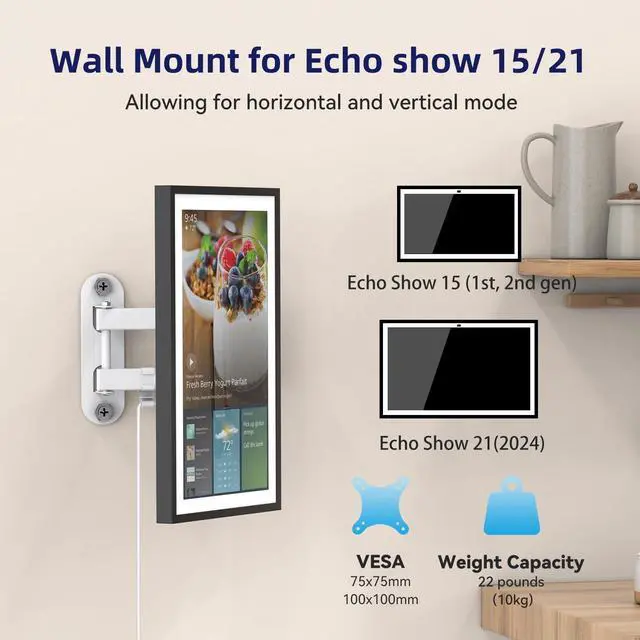 Alt view image 5 of 7 - Mount for Echo Show 15 (1st, 2nd Gen) and Echo Show 21, Adjustable Echo Show 15 Wall Mount Bracket, Swivel Horizontal or Vertical, Extension Wall Mount Stand, by WAWXH1314