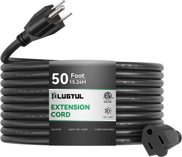 Main image of PLUGTUL Outdoor Extension Cord 50 FT Waterproof, 16/3 Gauge Black Heavy Duty 3 Prong Extension Cord, 13A 1625W SJTW, ETL Listed, Great for Garden and Home
