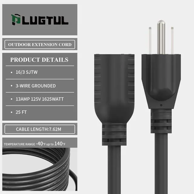 Alt view image 3 of 7 - PLUGTUL Outdoor Extension Cord 25 FT Waterproof, 16/3 Gauge Black Heavy Duty 3 Prong Extension Cord, 13A 1625W SJTW, ETL Listed, Great for Garden and Home