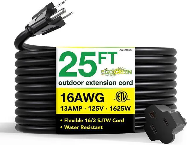 Main image of Go Green Power Inc. 16/3 25ft Black Outdoor Extension Cord - Reliable, Heavy Duty - Ideal for Outdoor Tools & Equipment - GG-13725BK
