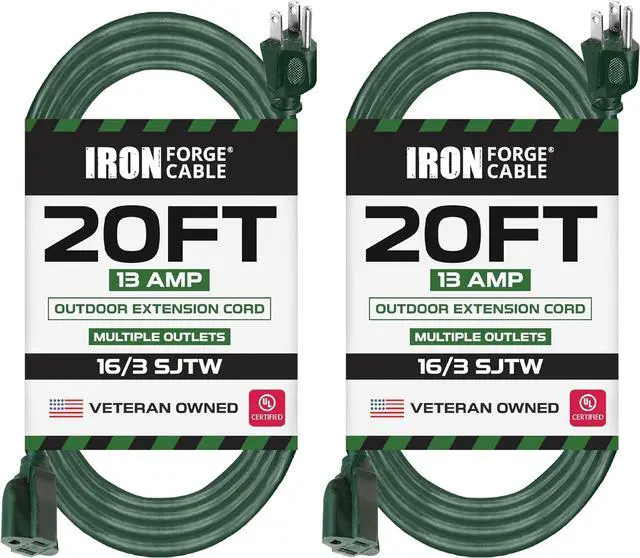 Main image of Iron Forge Cable 2 Pack Weatherproof 20 Ft Outdoor Extension Cord - 16/3 SJTW Heavy Duty Green Extension Cord 3 Prong - 13 Amp Exterior Power Cable