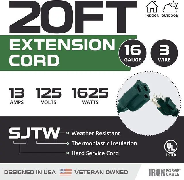 Alt view image 2 of 7 - Iron Forge Cable 2 Pack Weatherproof 20 Ft Outdoor Extension Cord - 16/3 SJTW Heavy Duty Green Extension Cord 3 Prong - 13 Amp Exterior Power Cable
